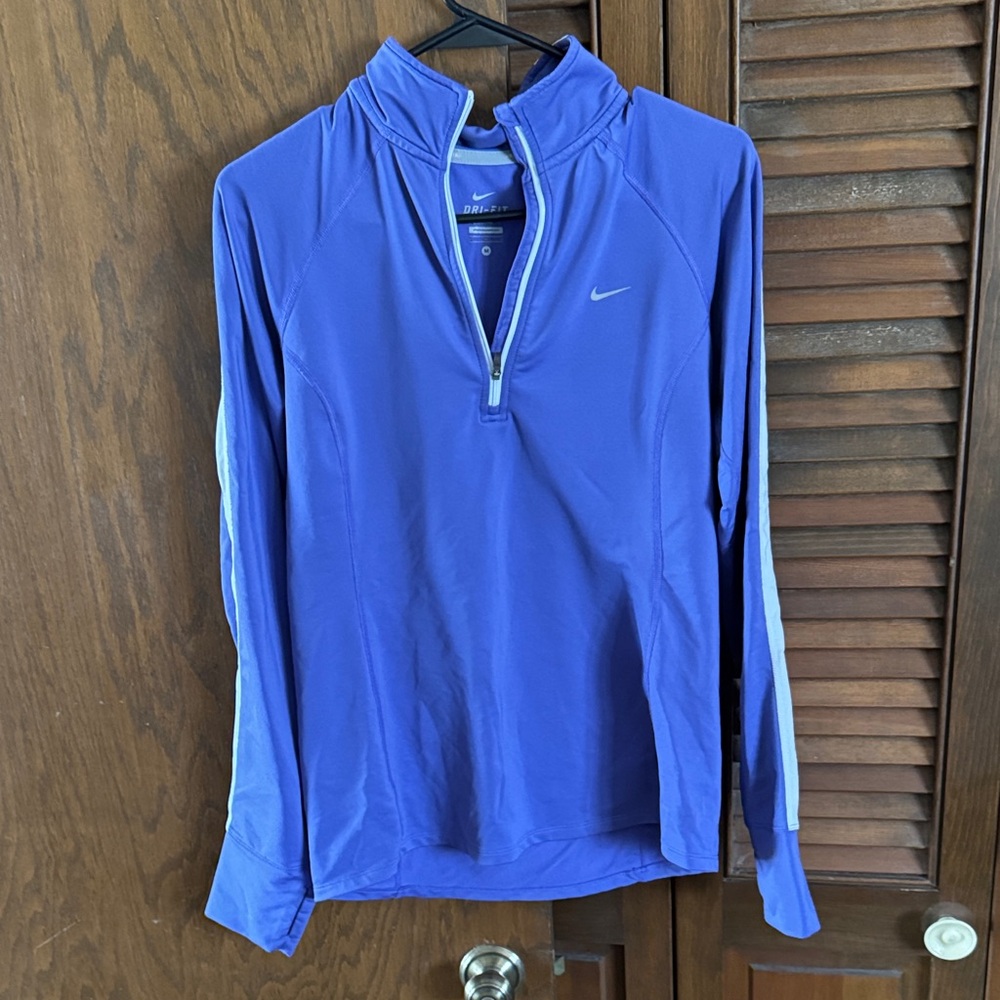 Nike Women's Blue Quarter-Zip Dri-FIT Long Sleeve Top with Light Stripe